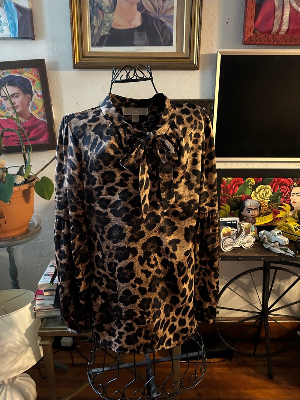 MICHAEL Michael Kors Leopard-Print Tie-Neck Blouse in Brown and Black